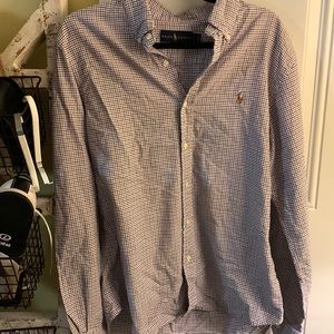 Mens blue and red striped polo long sleeve button up dress shirt size large